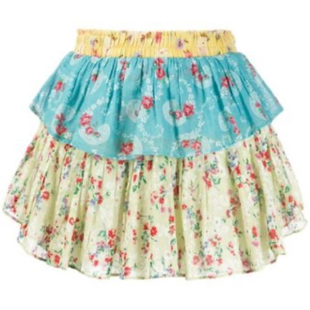 LoveShackFancy Yellow Blue Floral Ruffle Mini Skirt in Multi Sz M NWT